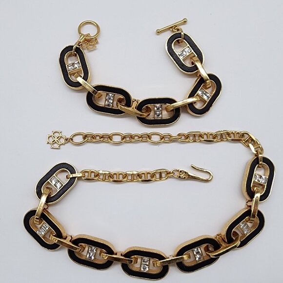Ann Taylor Signed Inlay Black Leather Gold Tone Chunky Chain Bracelet & Necklace - Picture 1 of 9